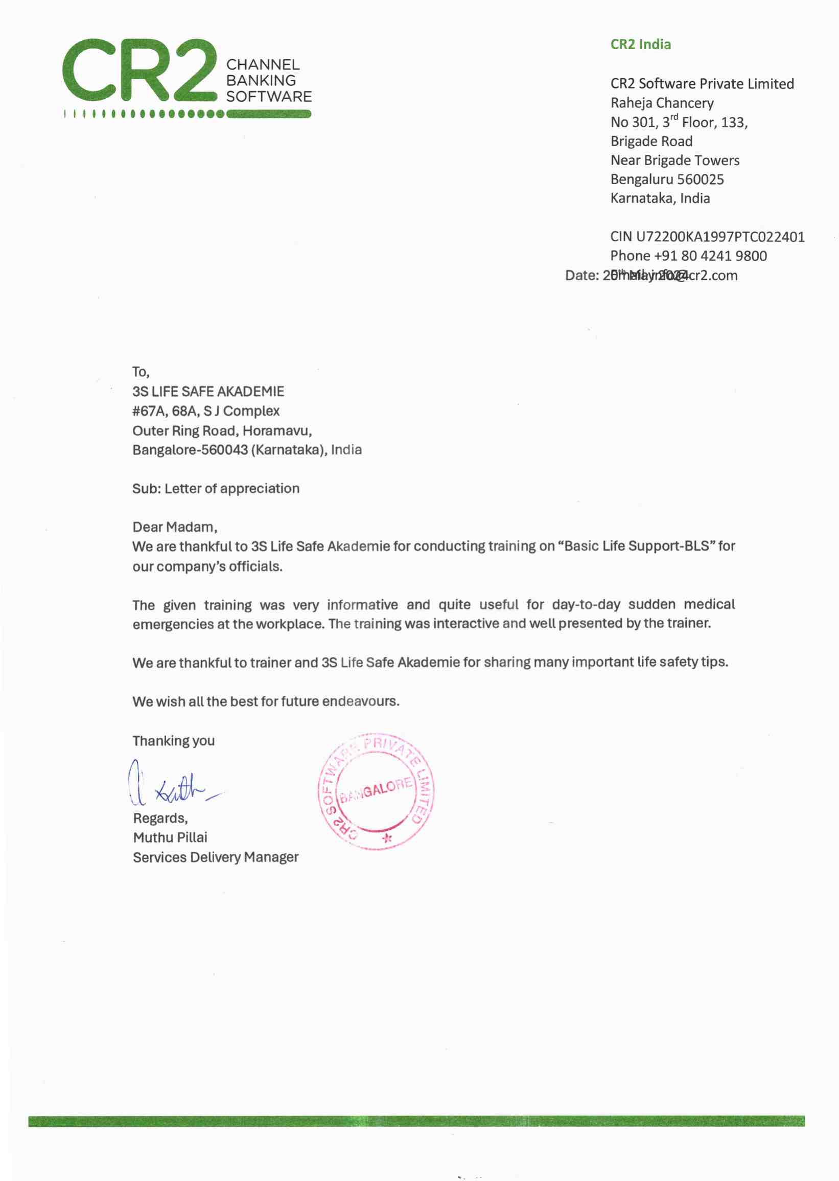 CR2 Software Private Limited Appreciation Letter